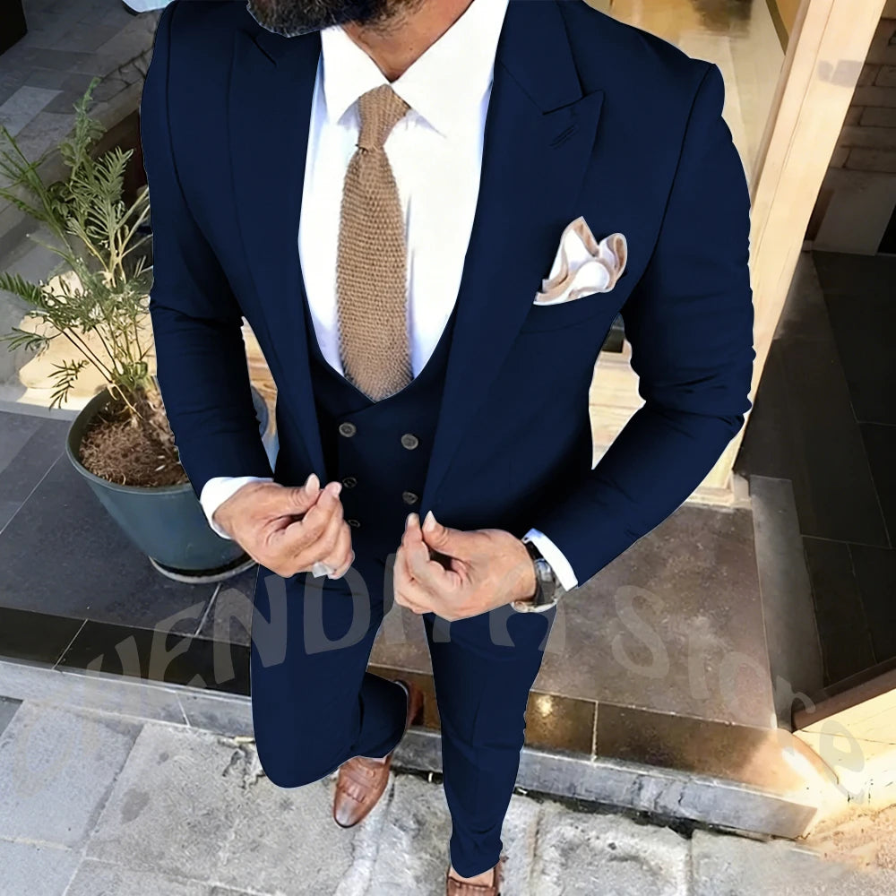 Slim Fit Men's Suits Set 3 Piece Single Breasted Peak Lapel Suit Daily Home Office High Street Fashion Casual Blazer Pants Vest