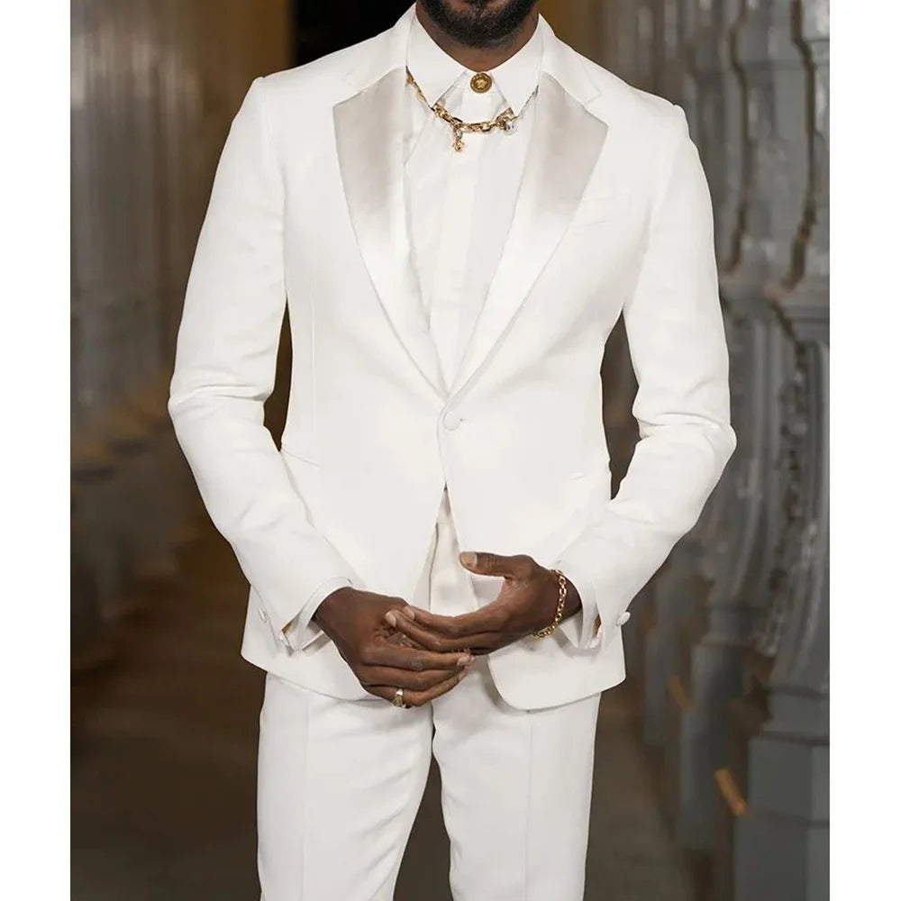 Elegant White Men Suit Wedding Groom Groomsman Tuxedo Slim Fit High-end Banquet Custom 2 Pieces Jacket Pants