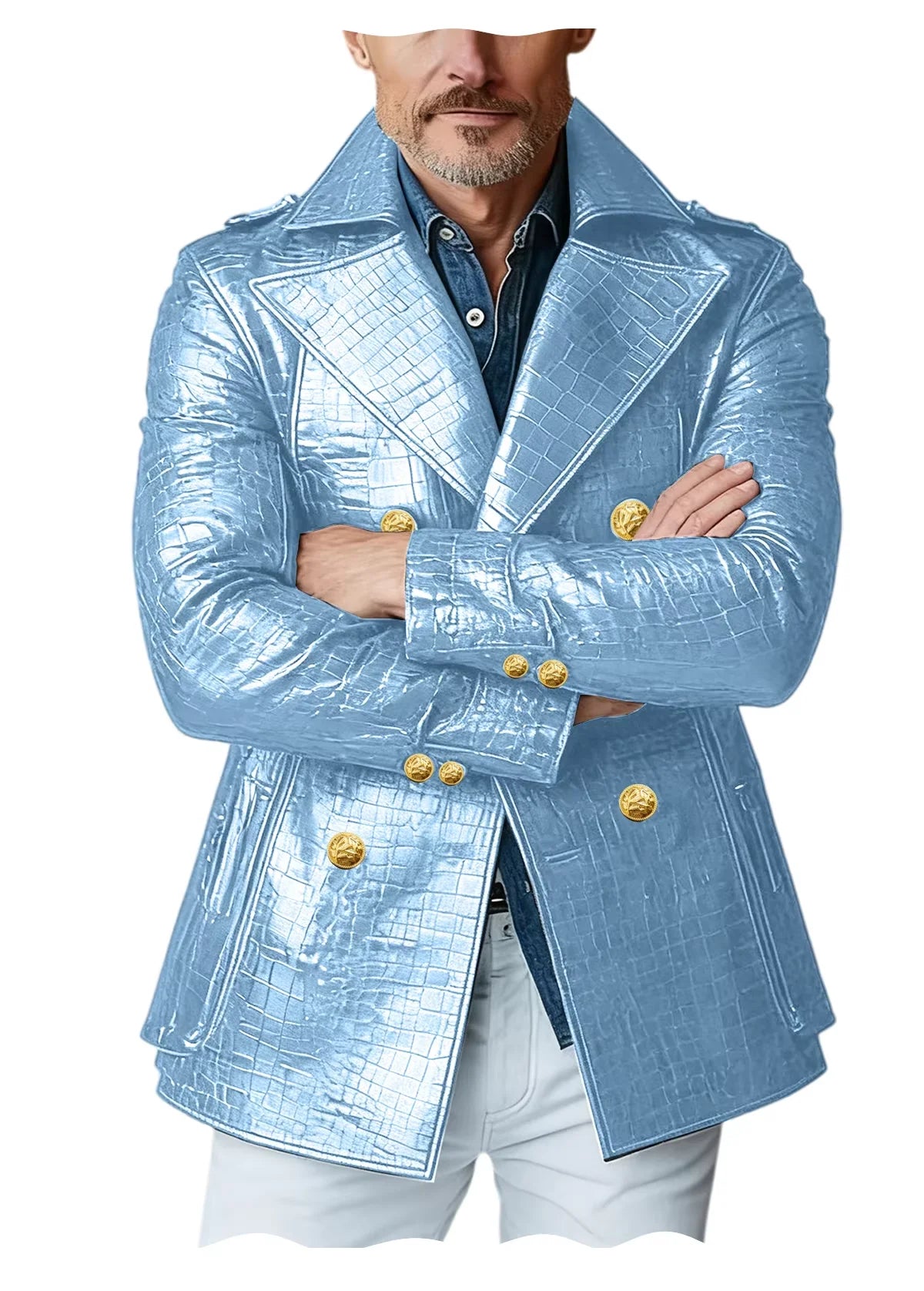 Men's Crocodile Embossed Leather Peacoat Double Breasted Gold Button Jacket Luxury Casual Overcoat