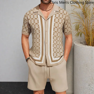 【 Quick Delivery】Summer Men's High-quality Jacquard Knitted Suit, Business Casual Luxury Short-sleeved Shirt and Shorts Set
