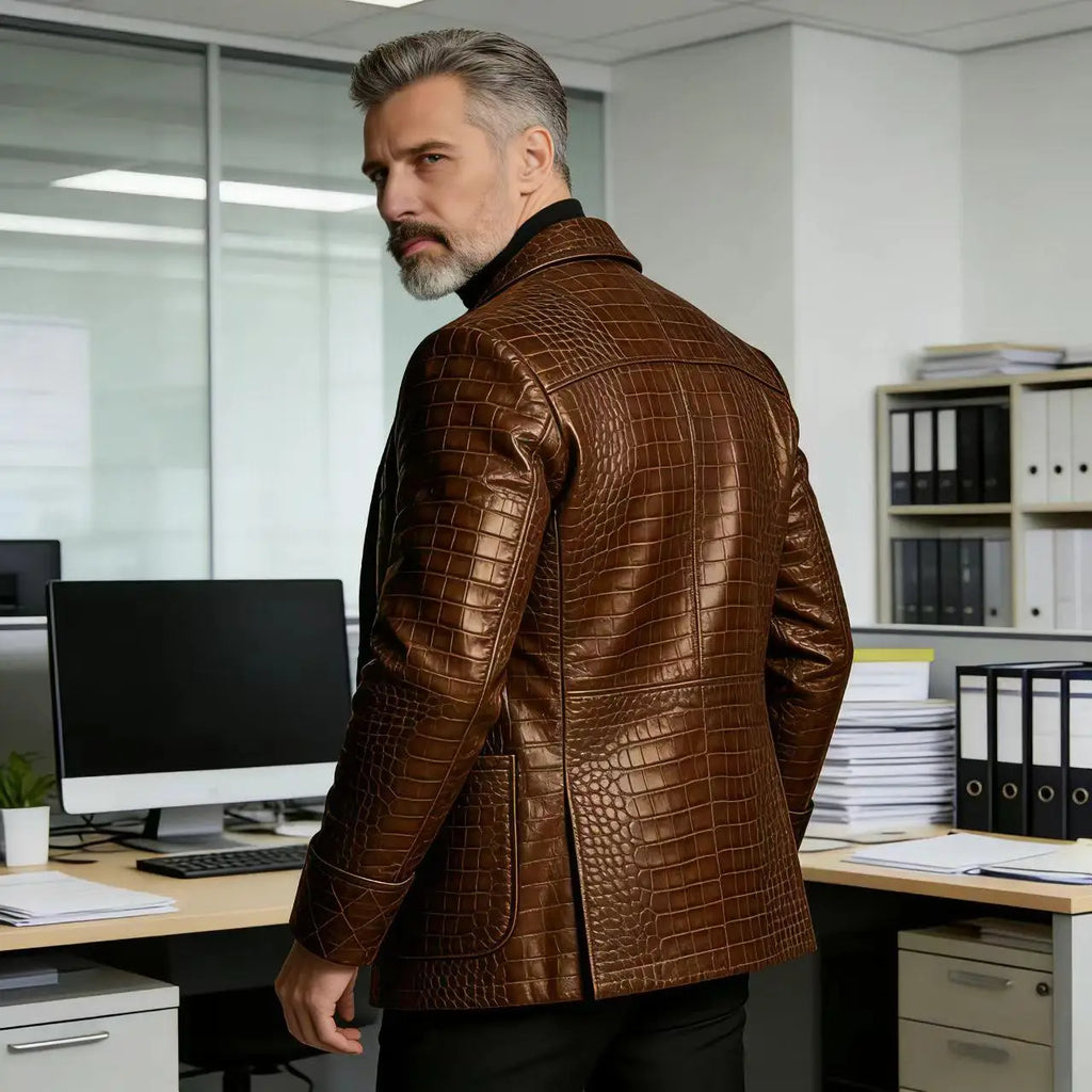 Men's Crocodile Embossed Leather Blazer Double Breasted Business Casual Brown Jacket Office Wear Formal Plus Size  Suit Coat