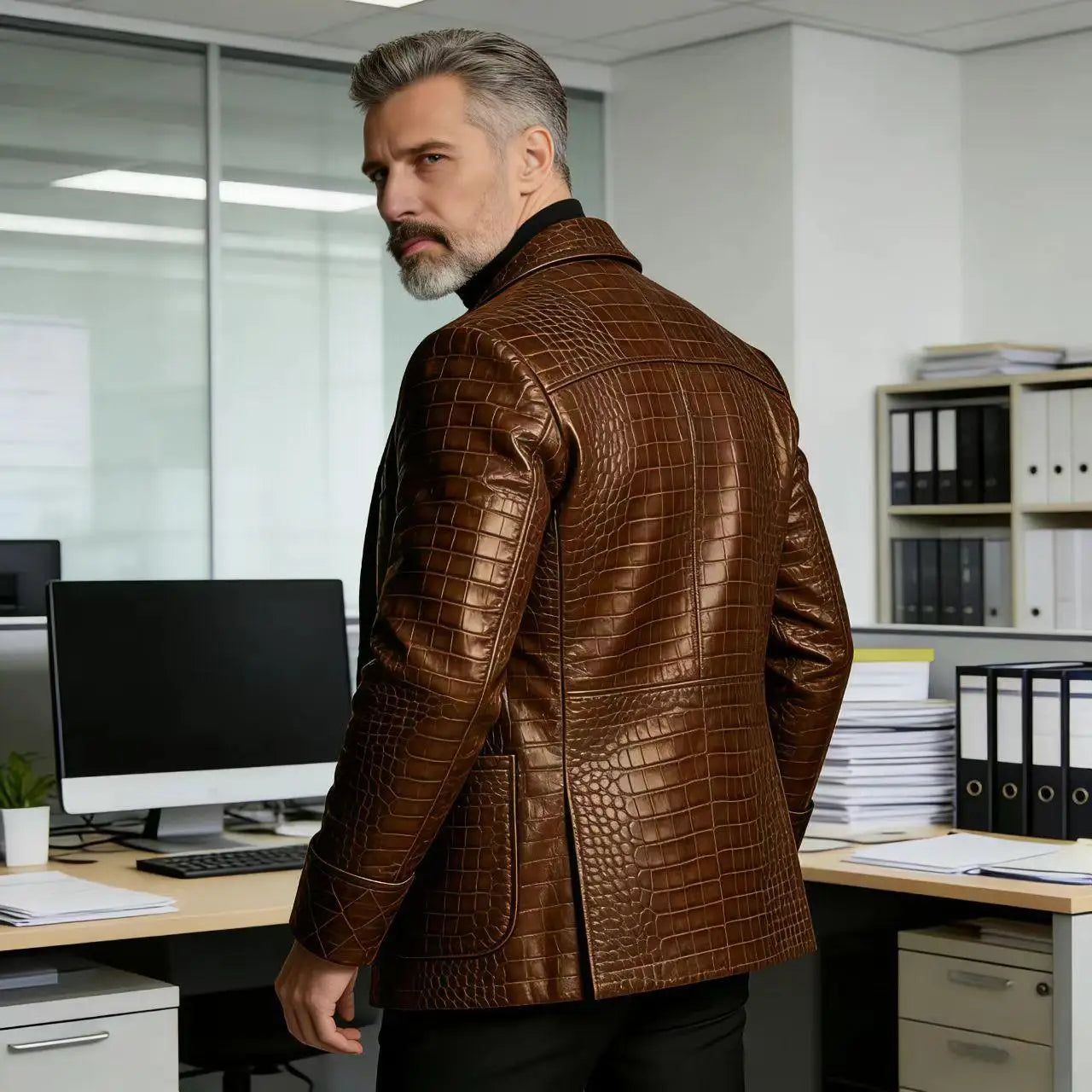Men's Crocodile Embossed Leather Blazer Double Breasted Business Casual Brown Jacket Office Wear Formal Plus Size  Suit Coat