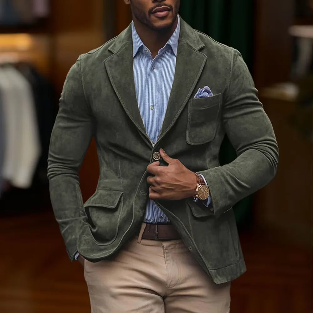 Men's Suede Brown Blazer Vintage Slim Fit Notched Lapel Formal Jacket High Quality Flap Pocket Sport Coat For Business Casual