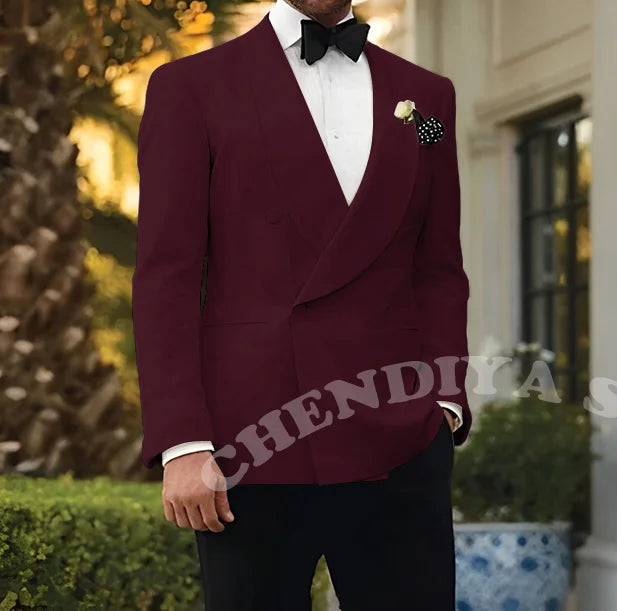 Double Breasted Men Suits Wedding Suit Groom Elegant Shawl Lapel 2 piece Slim Fit Man Set Jacket With Black Pants Formal Blazer