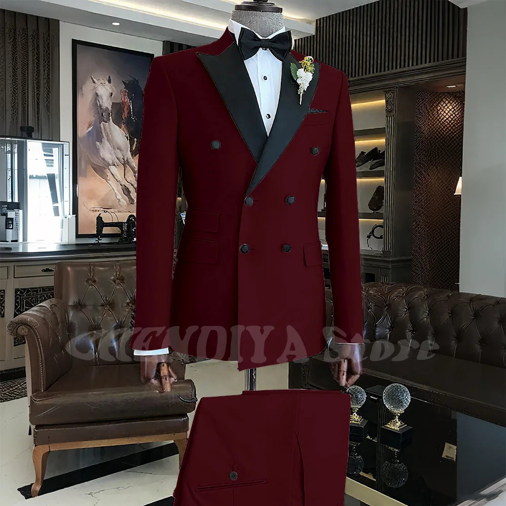 Elegant Men Suits Classic Double Breasted Peak Lapel Male Clothing 2 Piece Fashion Evening Party Business Prom Formal Set