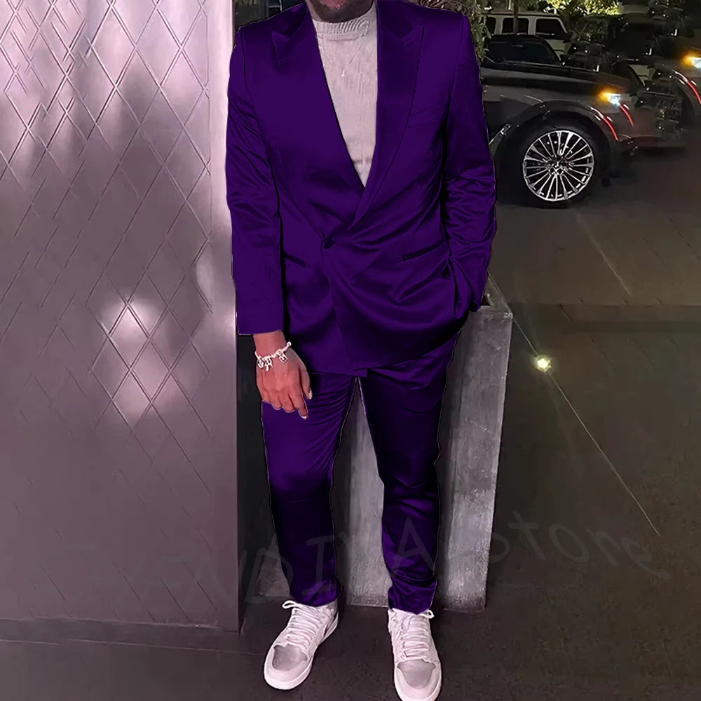 Silver Satin Men Suits 2 Piece Chic Peak Lapel Casual Daily Suit Single Button Formal Evening Party Tuxedo (Blazer+Pants)