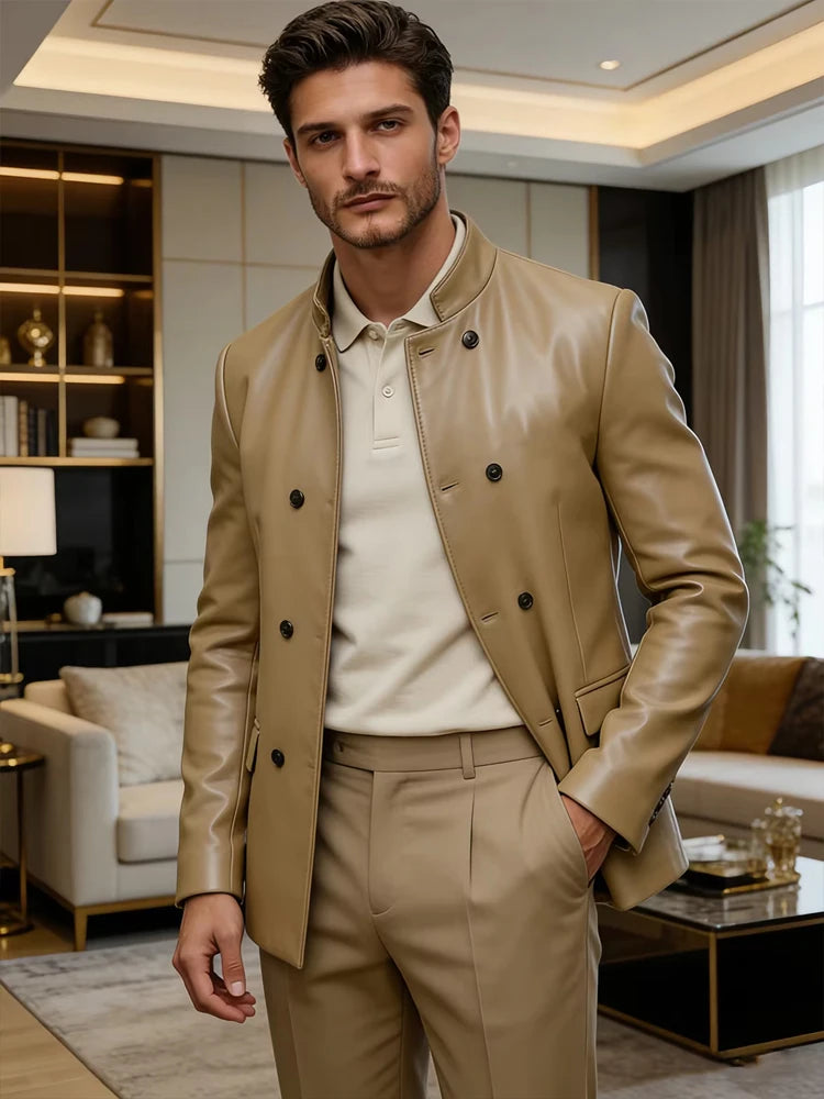 Men's Blazer Stand Collar Faux Leather Jacket High Quality Double Breasted Slim Fit Casual Coat For Business Office Outerwear