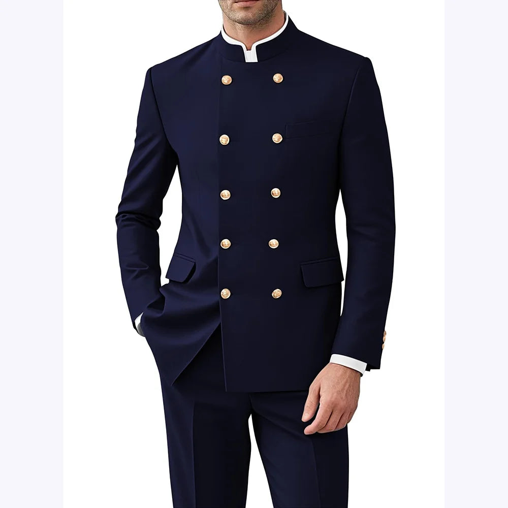 Solid Color Men Suits Formal 2 Pieces Double Breasted Stand Collar Balzer Pants Formal Party Business Wedding Set Customized