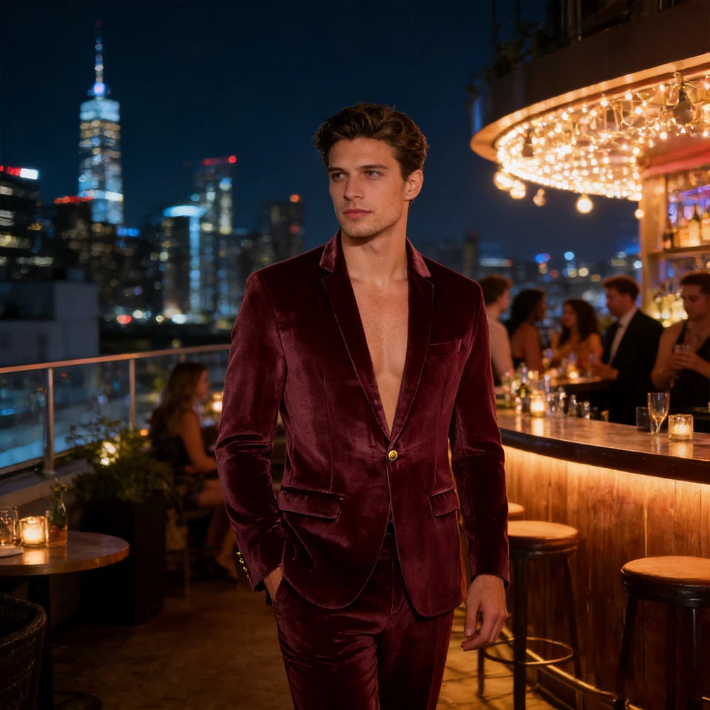 Men's Velvet Blazer Notch Lapel Slim Fit Suit Jacket With Gold One Button Suit Coat For Wedding Party Prom