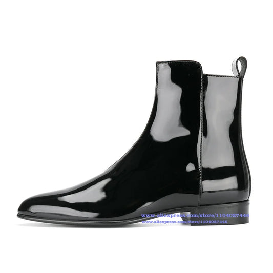 Patent Leather Shiny Chelsea Boots for Men Pointed Toe Side Zipper Men's British Style Boots Luxury Trendy Stylish New Style