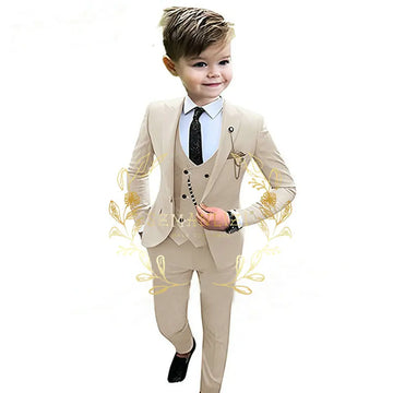 Formal Beige Boys Suit 3 Piece Party Wedding Tuxedo Child Jacket Pants Vest Custom Made Kids Costume 3-16 years old