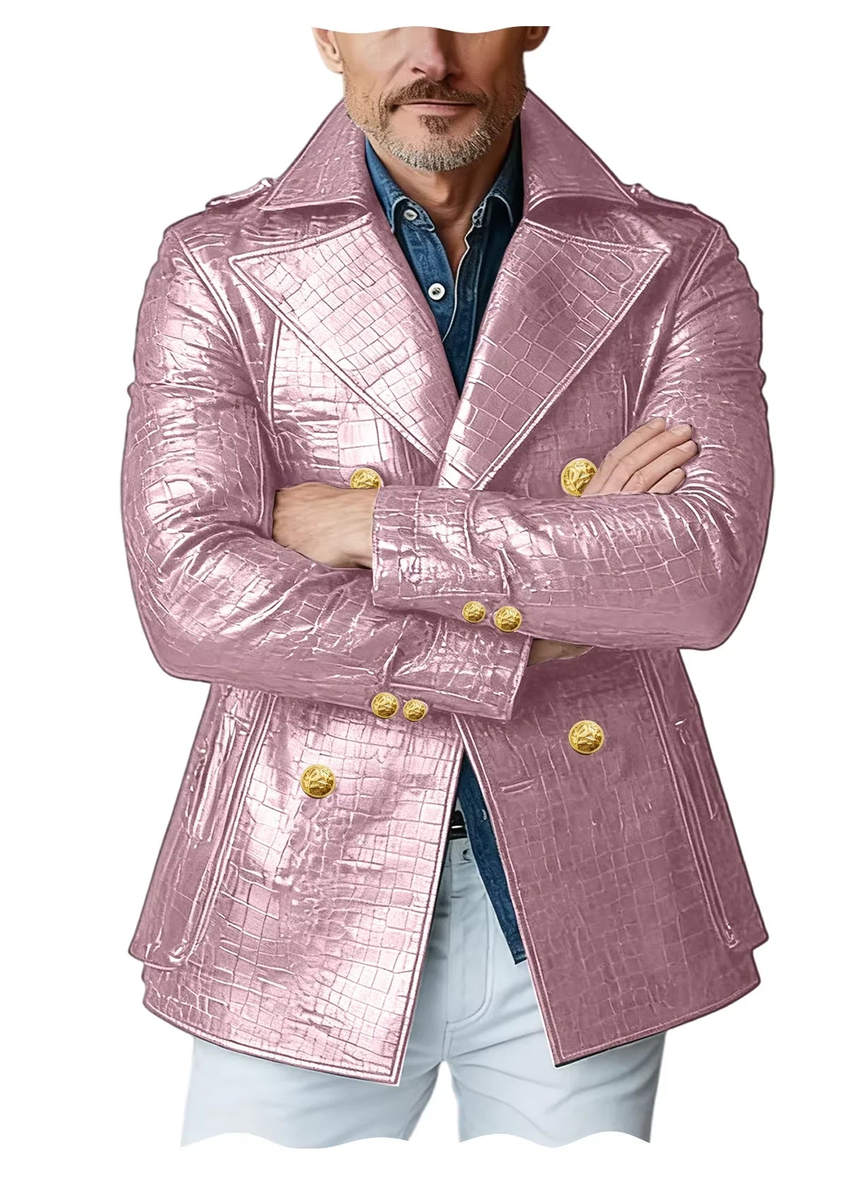 Men's Crocodile Embossed Leather Peacoat Double Breasted Gold Button Jacket Luxury Casual Overcoat