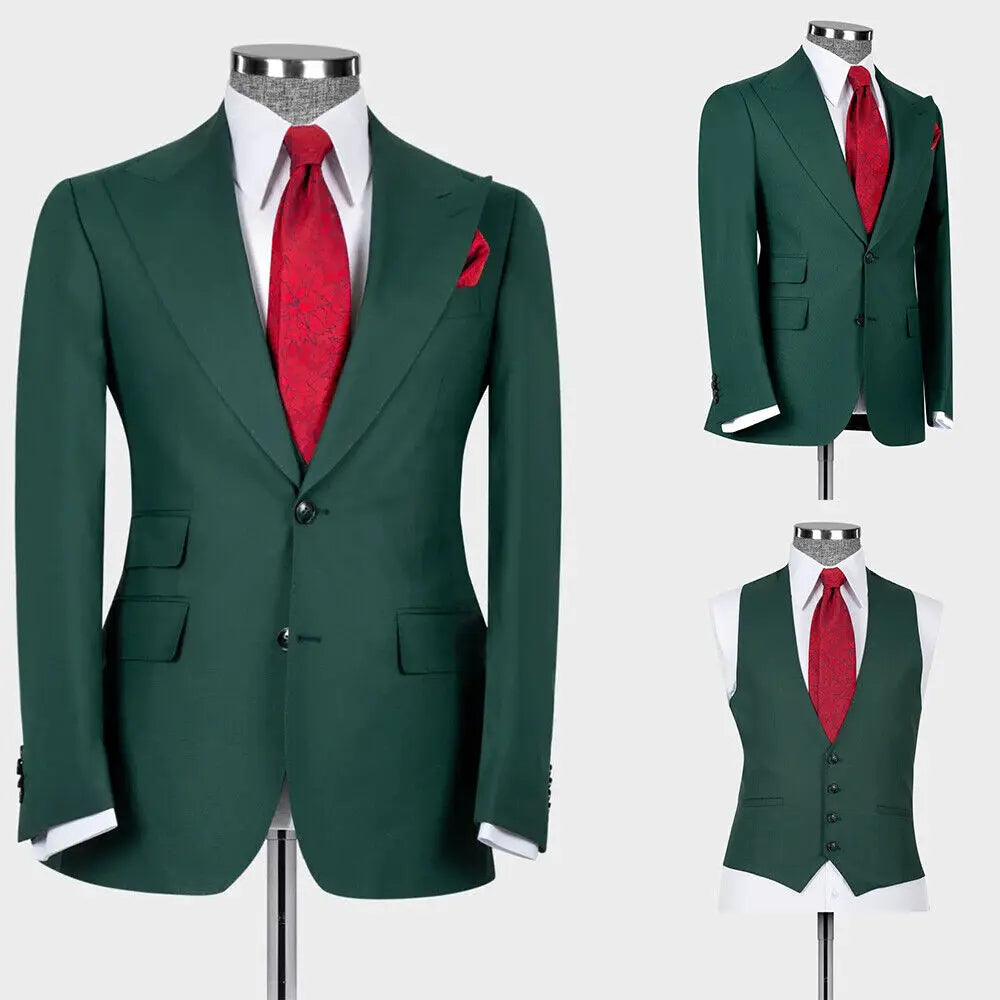 Classic Green Men's Suit Peak Lapel Groom Wedding Tuxedos Slim Fit 3 Piece Set Business Male Prom Blazer Vest Pants Outfit