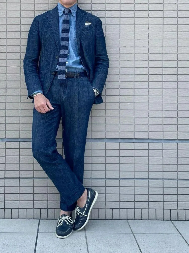 Denim Men Suits Tailor-Made 2 Pieces Slim Fit Coat Pants Prom Tuxedos Wedding Groom Formal Work Casual Tailored Costume Homme