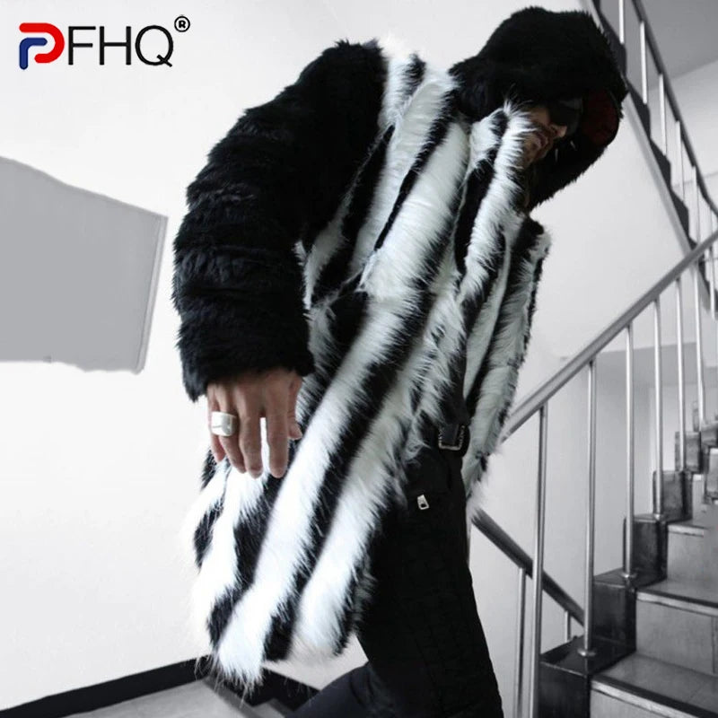 PFHQ Niche Design Men's Faux Fur Jackets Casual Hooded Patchwork Coats Velvet Contrast Color Loose Male Clothing New 21Z7610