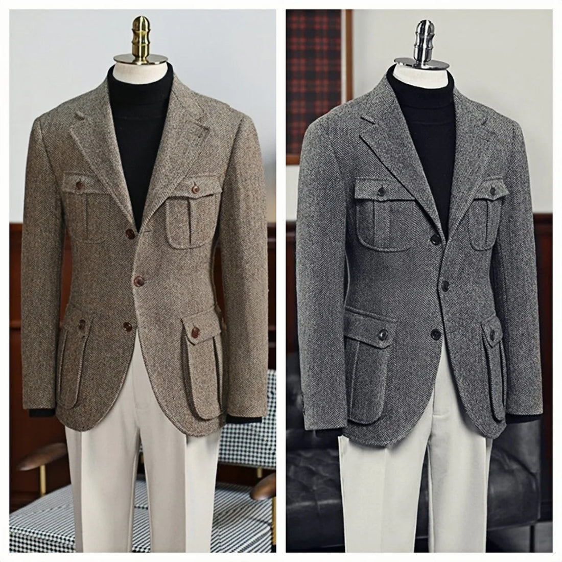 Men's Vintage Herringbone Tweed Blazer British Wool Blend Double Breasted Lightweight Casual Sport Coat Formal Jacket
