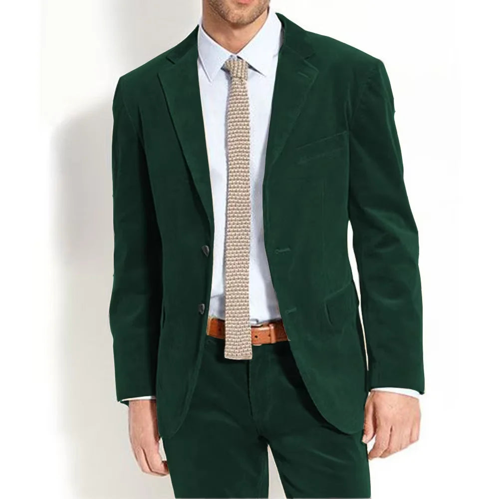 Men's Velvet Suit Vintage Solid Color Slim Fit Notched Lapel 2 Piece Jacket Pants Formal Set For Groom Wedding Business Casual