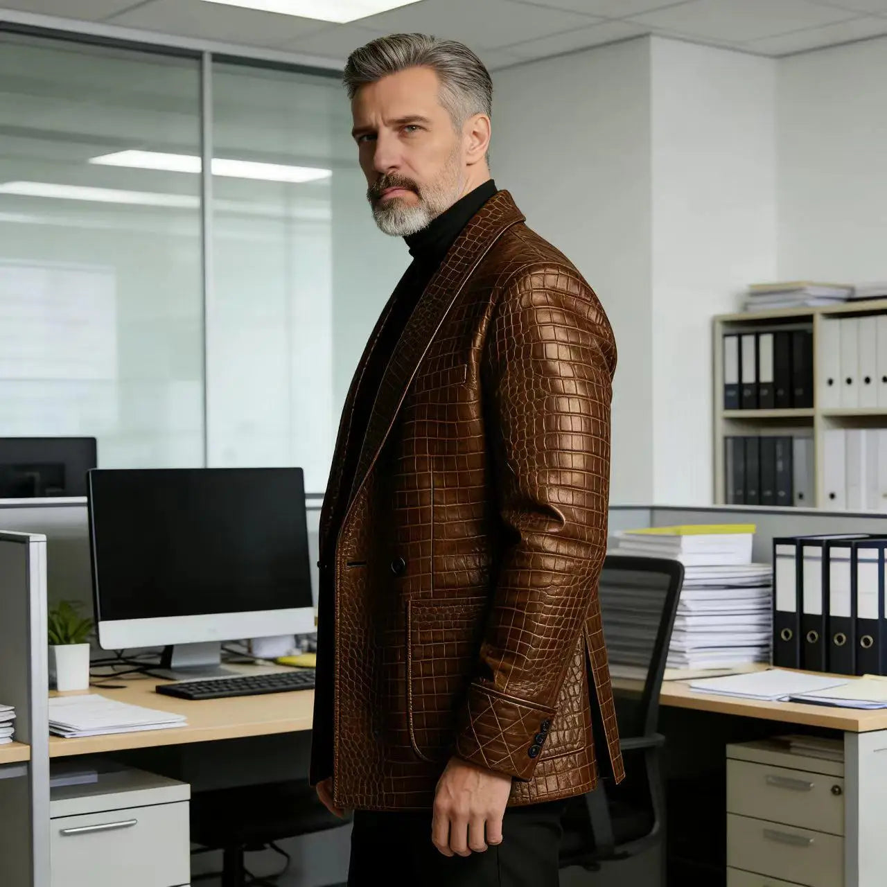 Men's Crocodile Embossed Leather Blazer Double Breasted Business Casual Brown Jacket Office Wear Formal Plus Size  Suit Coat
