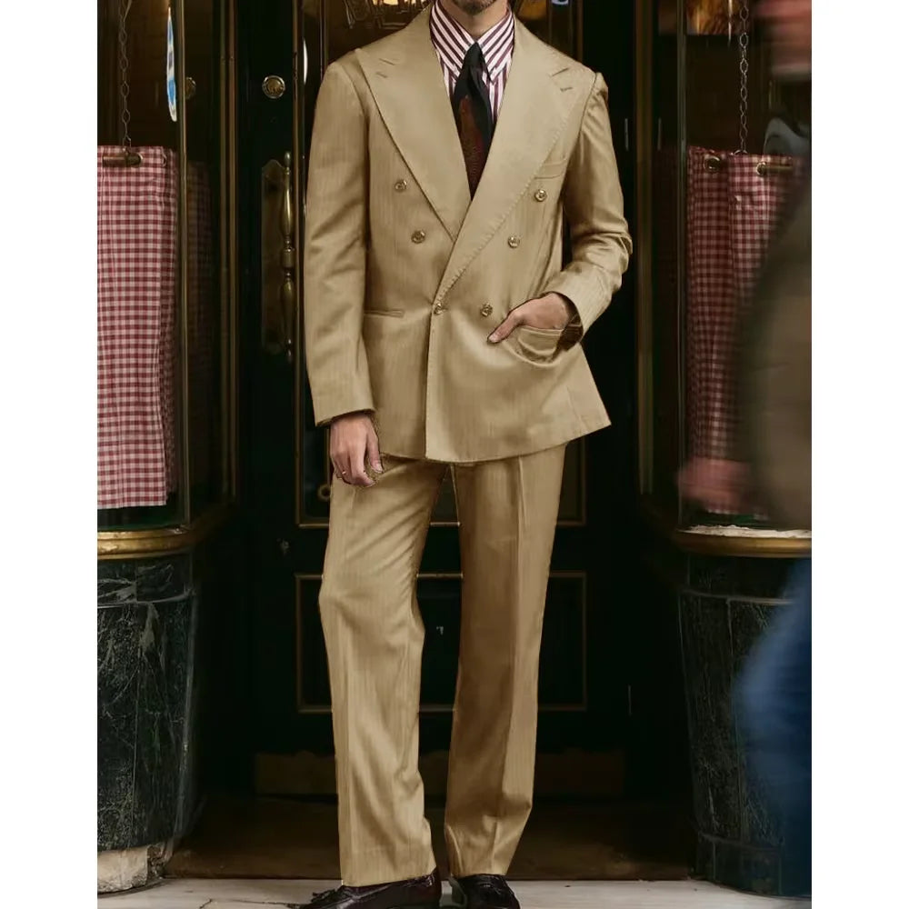 Men's Khaki Suit 2 Piece Set Double Breasted Peak Lapel Blazer Straight Leg Pants Fashion Formal Outfit Business Casual Wedding