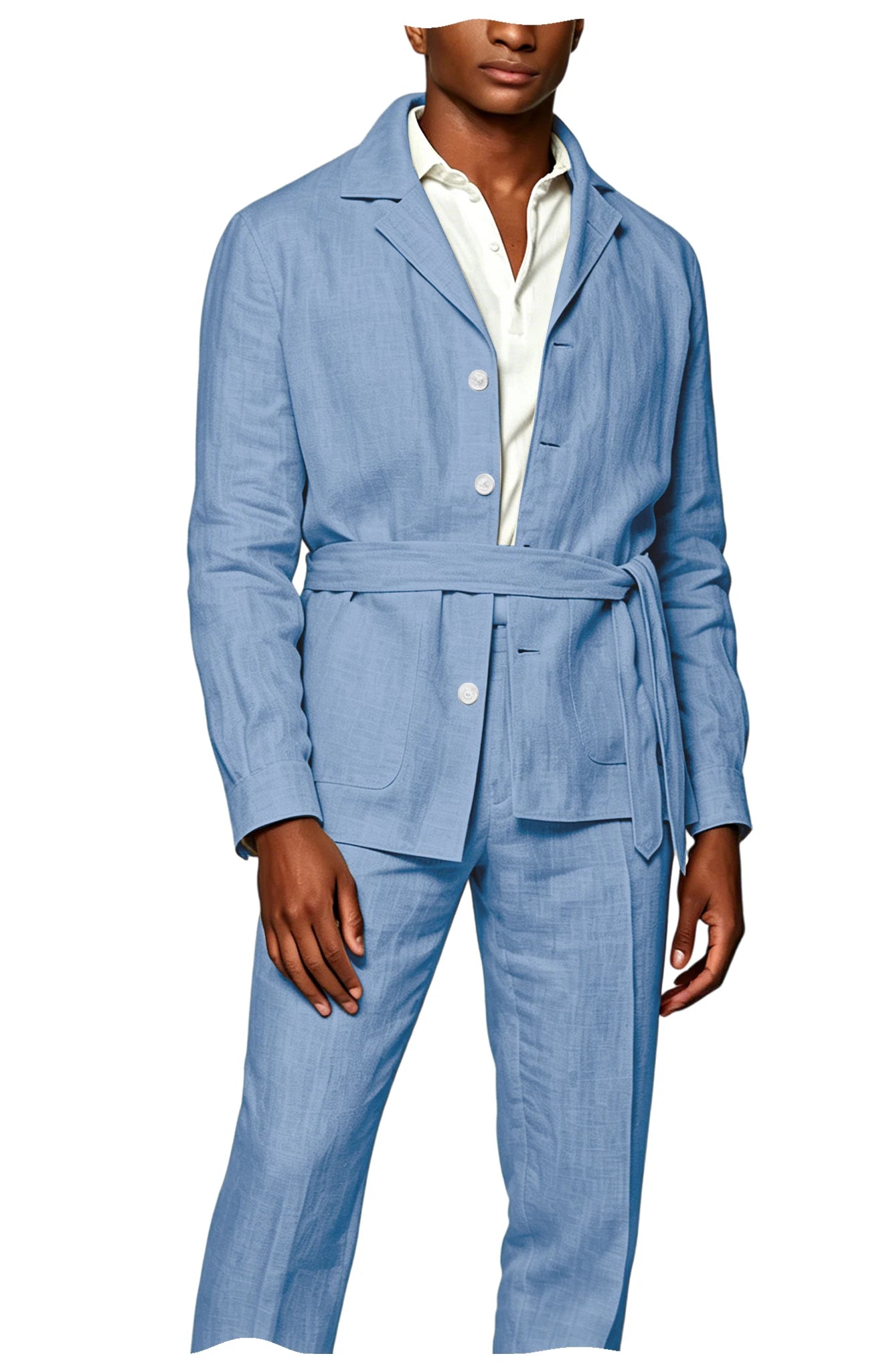 Men's Linen Belted Suit 2 Piece Set Casual Breathable Blazer & Pants Summer Lightweight Business Casual Outfit for Wedding Beach