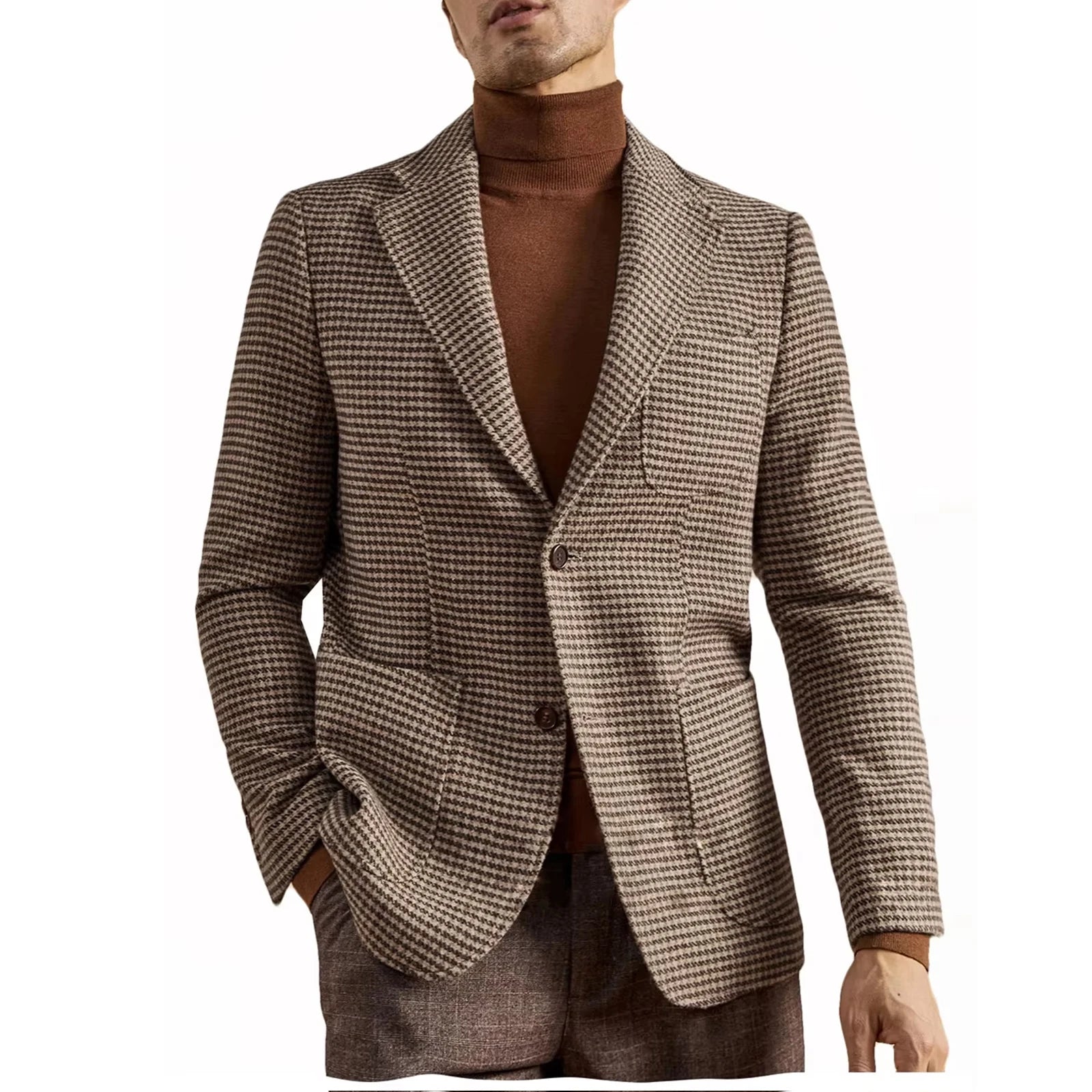 Men's Houndstooth Blazer Luxury Peak Lapel Slim Fit Wool Blend Suit Jacket For Classic Business Casual Fall Winter with Pockets