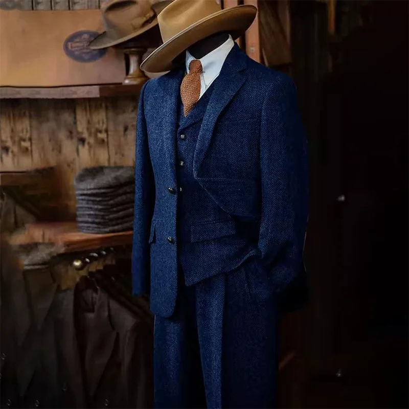 Men's Three-piece Suit Herringbone Pattern Single Breasted Slim Fit Suits for Men Suit Set Luxury 2025 Costumes Man Formal Suits