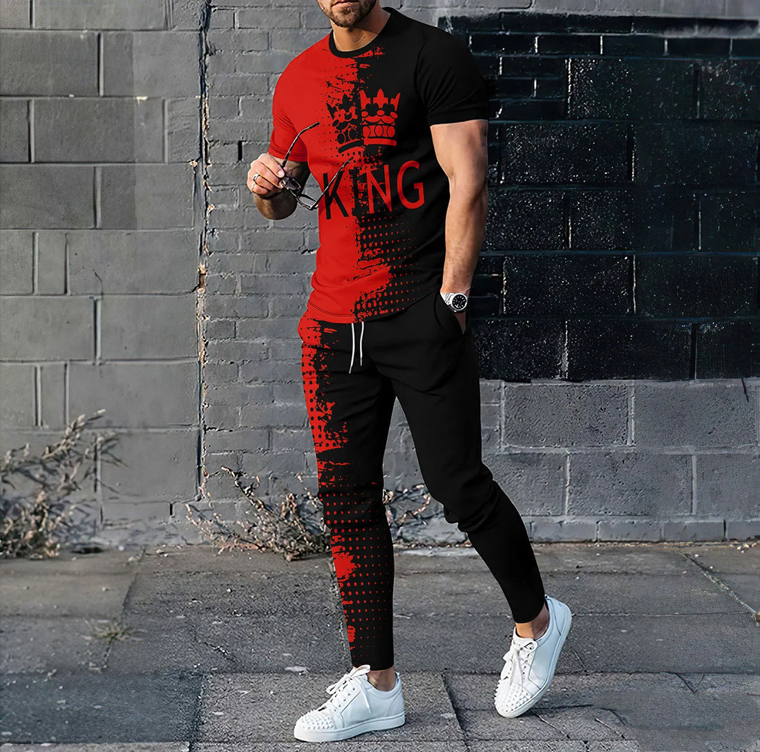 Summer Fashion King 3D Print Men Sportswear Set Casual Short-Sleeved T Shirt Pants 2-Piece Set Oversized Pullover Men Clothing