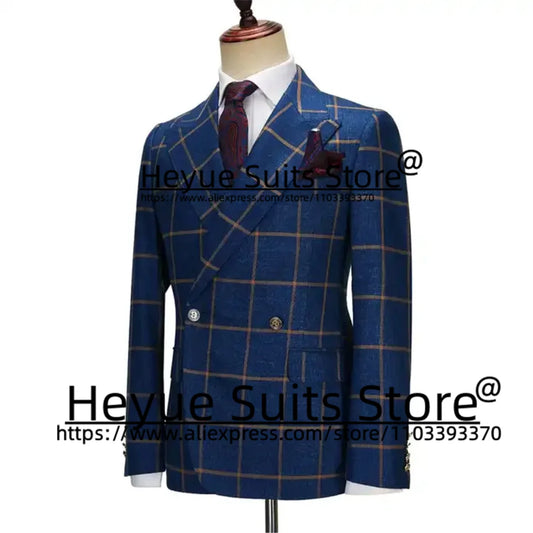 Tailor Made High Qublity Navy Blue Plaid Men Suits Slim Fit Double-breasted Groom Prom Tuxedos 2 Pieces Sets trajes para hombre