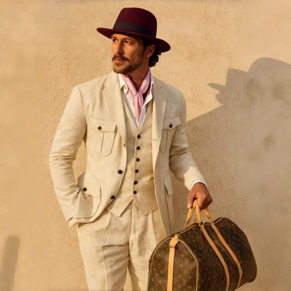 Beige Linen Safari Men Suits 3 Pieces Summer Men Suits Breathable Casual Formal Blazer Vest Pants Set for Male Daily Wear