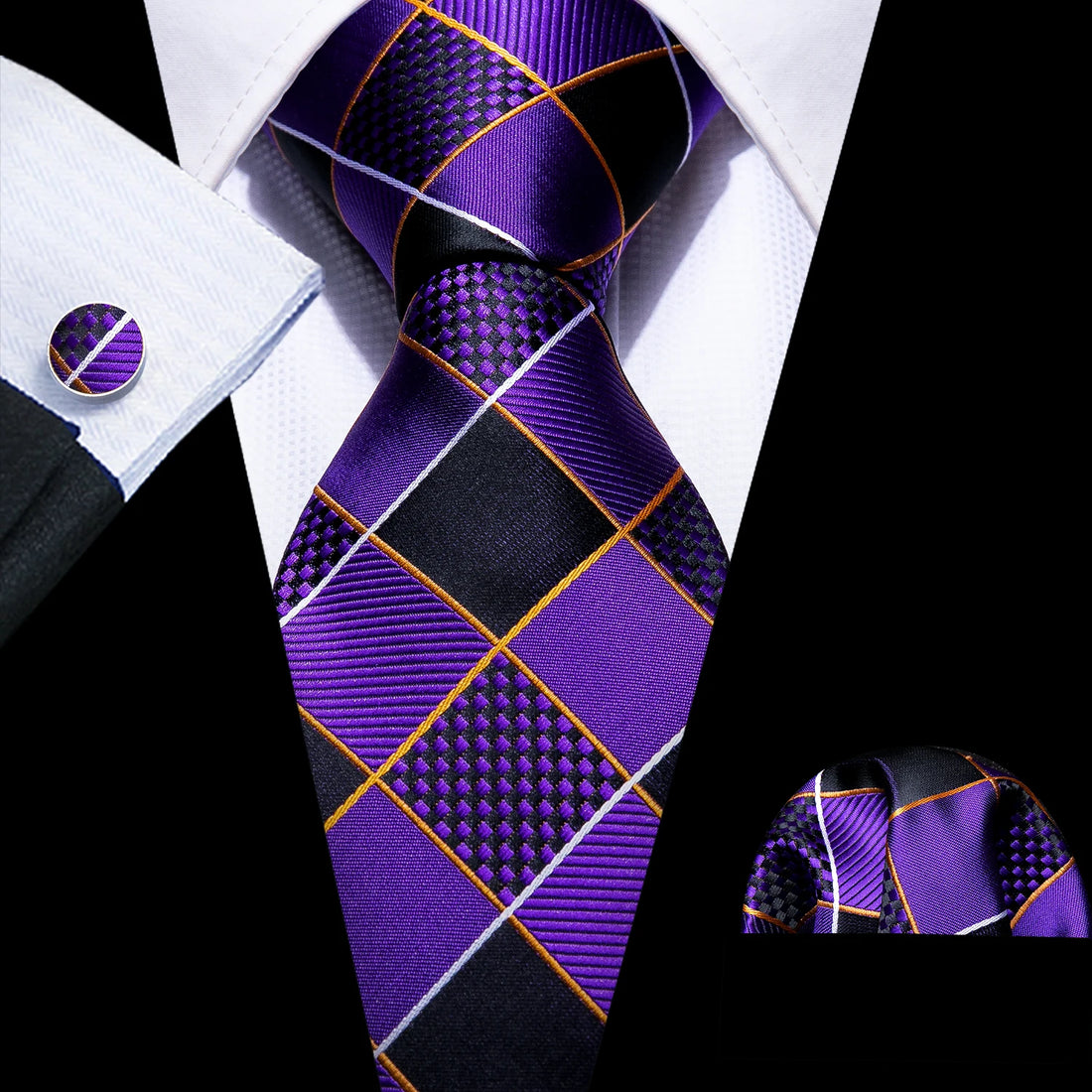 Dark Purple Plaid Silk Men Tie High Quality Pocket Square Cufflinks Set Fashion Suit Necktie Business Party Gift Barry.Wang 5287