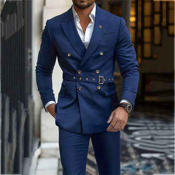 Navy Blue Men's Suit Classic Peak Lapel Blazer Double Breasted Formal Set Two Piece Business Casual Male Clothing Without Belt