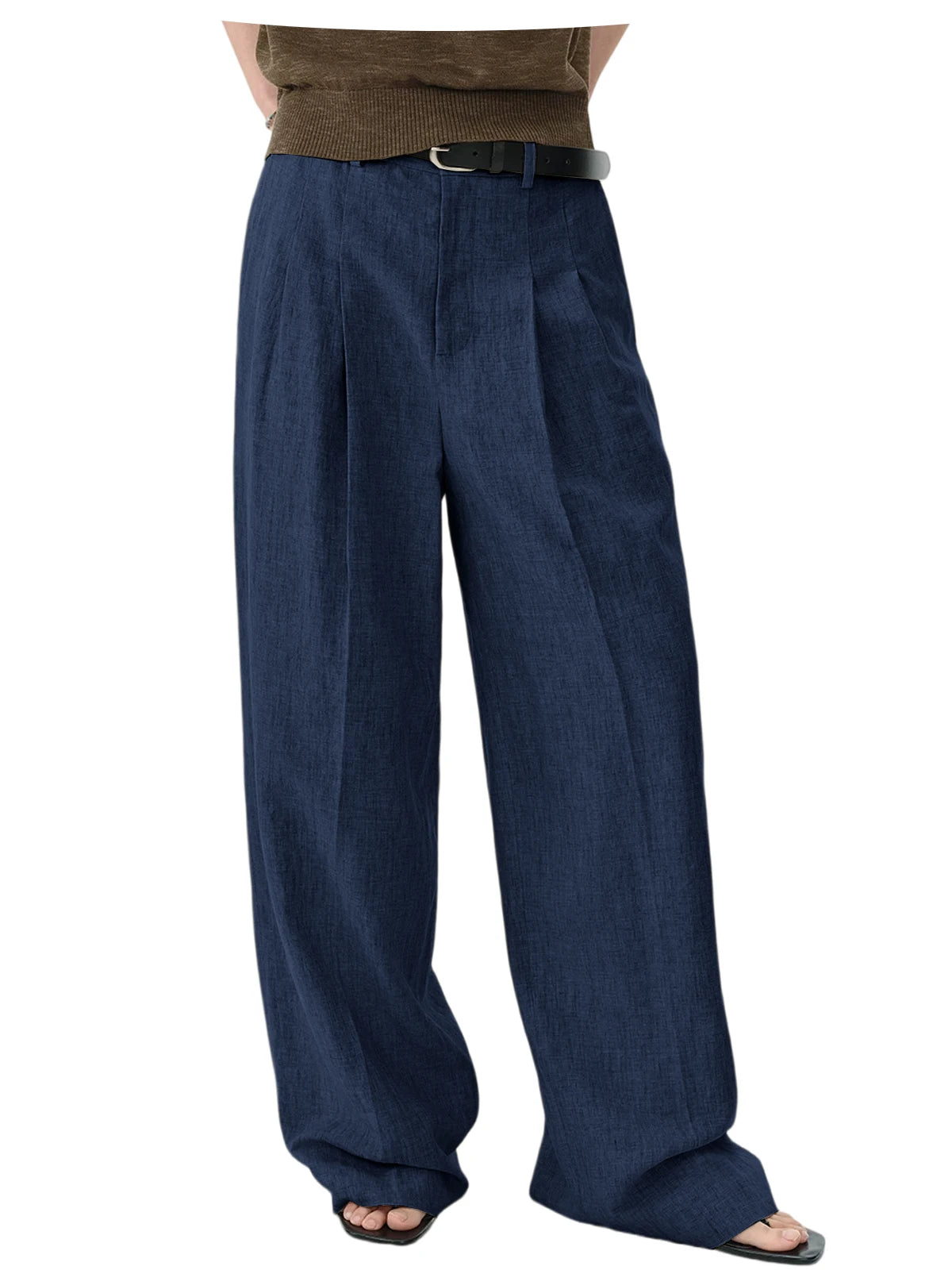 Men Linen Wide Leg Pants High Waist Pleated Casual Trousers Breathable Loose Straight Suit Pants Streetwear