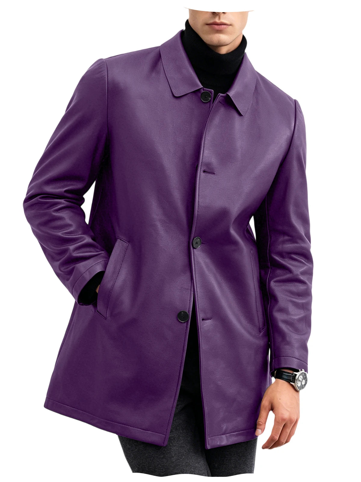 Men Premium Leather-Like Trench Coat Turn-Down Collar Single Breasted Mid-Length Overcoat Classic Slim Fit Business Casual Wear