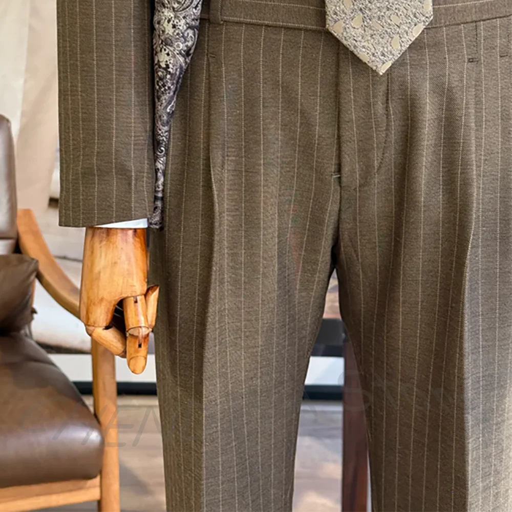 Business Striped Men Suit Set Two Pieces High Quality Peaked Lapel Double Breasted Formal Outfit Jacket Pants Customized