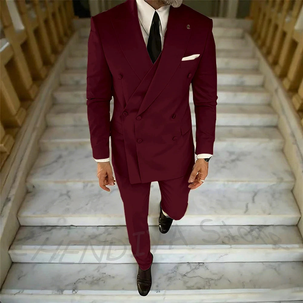 High Quality Peaked Lapel Suit For Men Double Breasted Gentleman Wedding Groom Tuxedo Custom Man Fashion Clothes Set Two Pieces