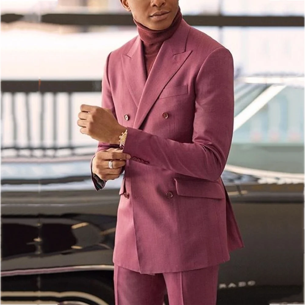 Fashion Pink Peaked Lapel Men Suit Regular Fitted Solid Color High Quality Male Outfit Jacket Pants Formal Dinner Prom Man Set