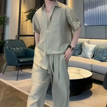 Plain T-shirts Pants Suits for Men Nylon Regular Fit 2025 Trend Two Piece Set Korean Style Loose Novelty in Man Trousers Sets