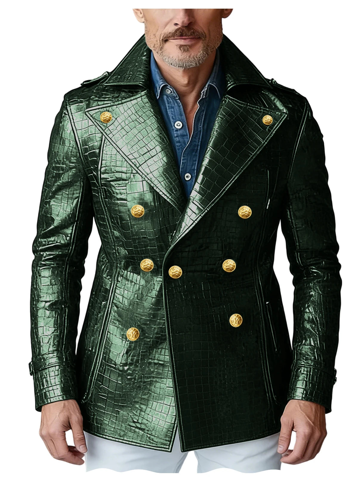 Men's Crocodile Embossed Leather Blazer Double Breasted Trench Coat Wide Lapel Gold Button Slim Fit Jacket For Four Season
