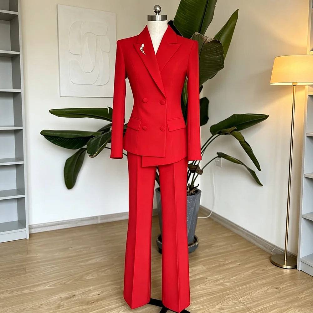 Double Breasted Formal Women's Suits New Style For 2026 Red Luxury High Quality 2 Pieces Jacket Pants Fashion Trousers Sets