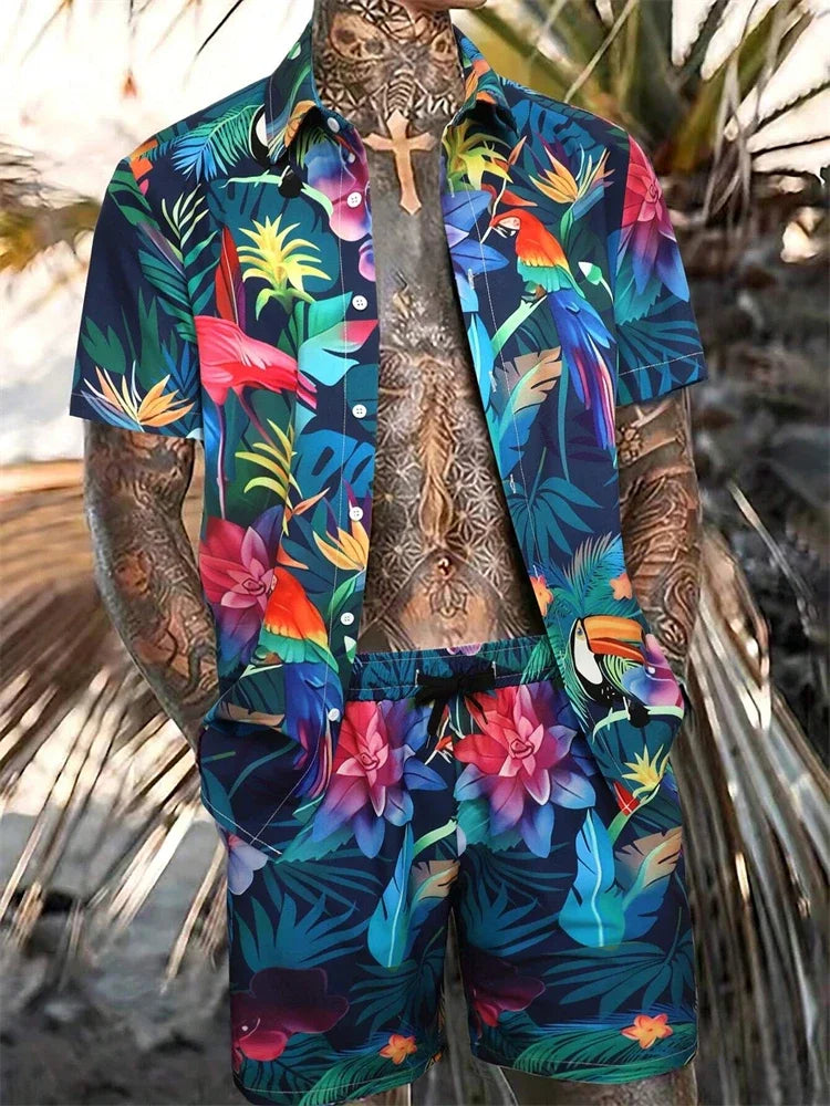 Men's New Hawaiian Short-Sleeved Shirt Shorts Set Summer Daily Travel Shirt Beach Casual Drawstring Shorts Jungle Print Set