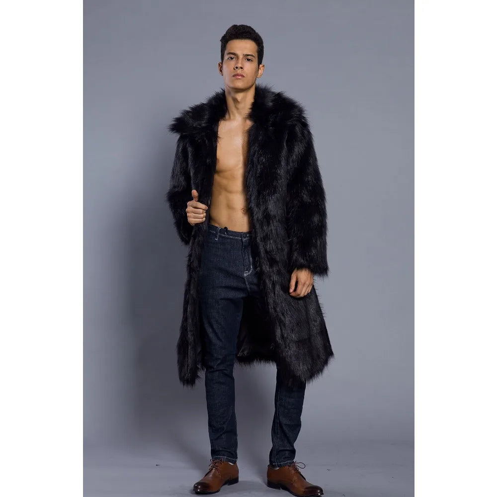 Luxury Brand High-Quality Fur Jacket Men Lapel Warm Trench Coat Faux Fur Coat Soft Mid-Length Coat Snow Clothing Cold-Resistant