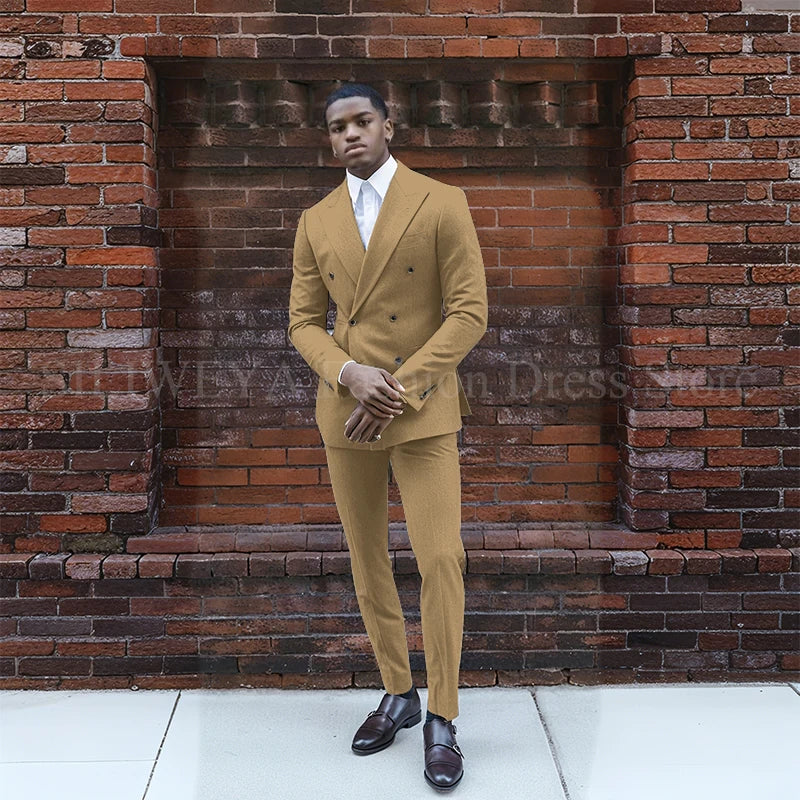 Grey Double Breasted Men's Suit 2 Pieces Jacket Pants Business Casual High Quality Office Stylish Male Clothing