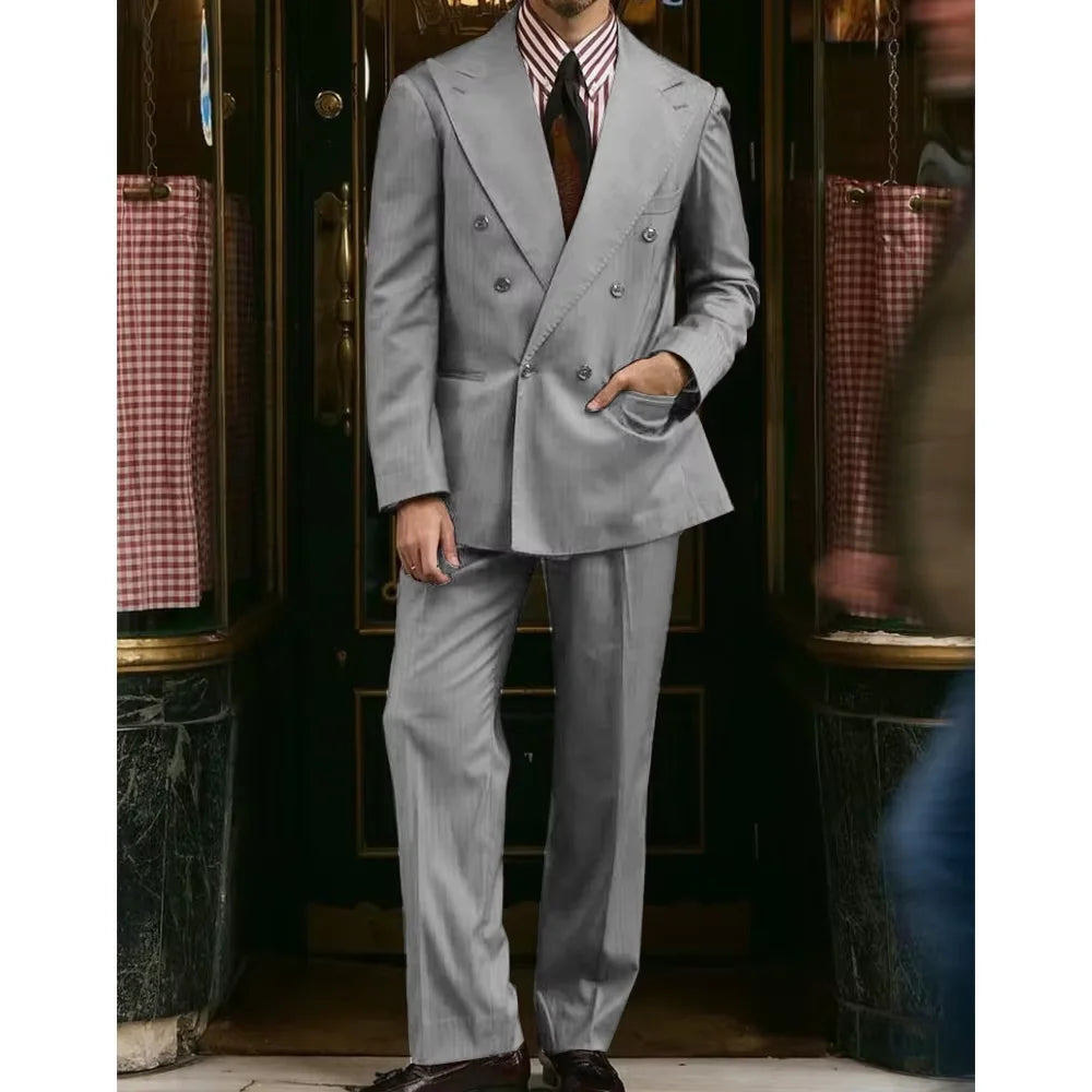 Men's Khaki Suit 2 Piece Set Double Breasted Peak Lapel Blazer Straight Leg Pants Fashion Formal Outfit Business Casual Wedding