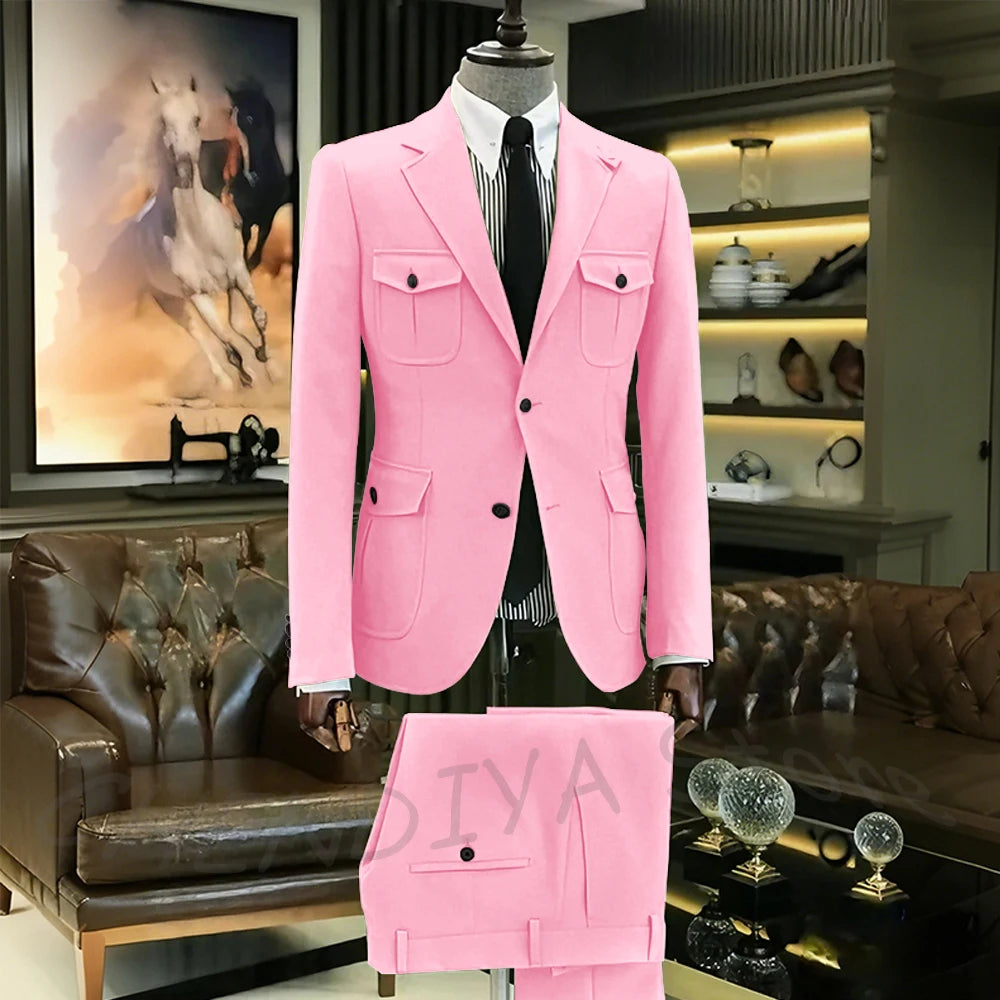 Customized Men Suits Solid Color Four Pockets Notch Lapel Outfits Formal Party Prom Daily Male Sets Two Piece(Blazer+Pants)
