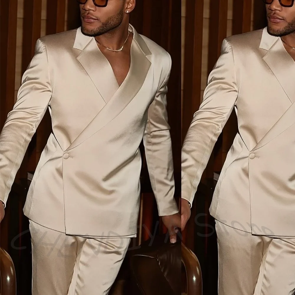 Fashion Notch Lapel Satin Men Suit High Quality Single Button Slim Fitted Outfit Jacket Pants Model Show Party Prom Male Set