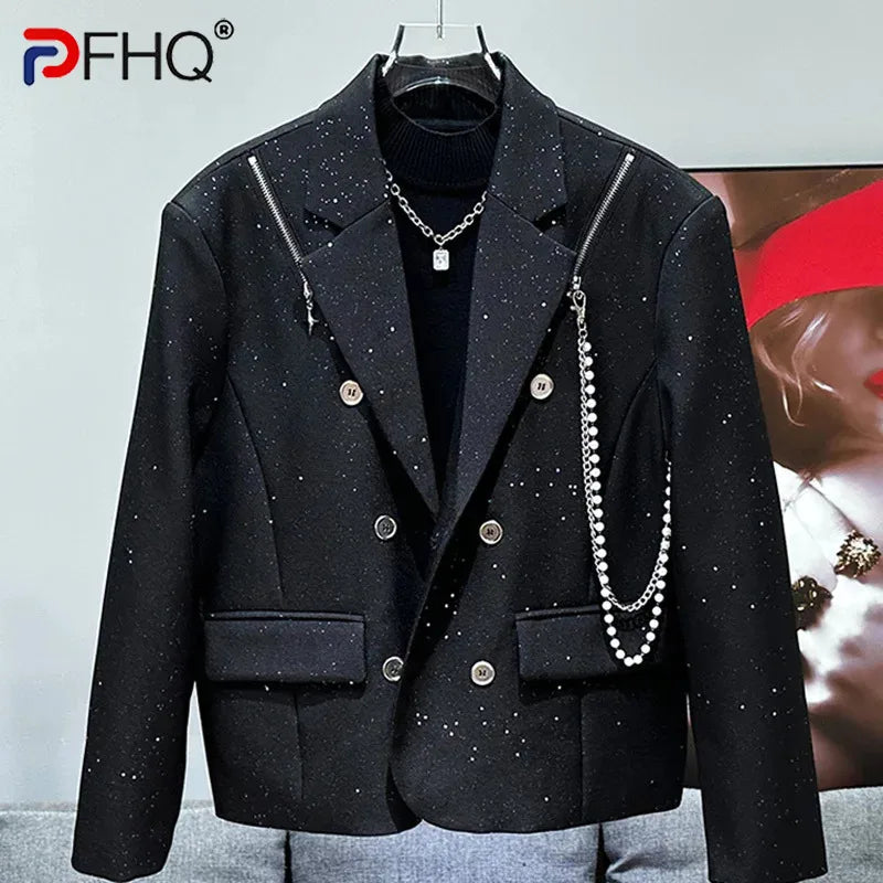 PFHQ 2024 New Fashionable Stylish Casual Sequin Design Suit Jacket Metal Chain Decoration Long Sleeve Male Tops 21Z5678