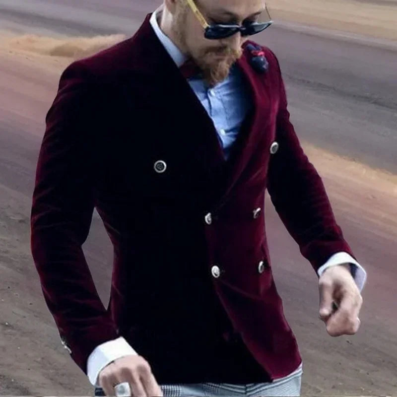 Burgundy Velvet Smoking Jacket For Men Slim Fit Double Breasted Casual Suit Blazer 1 Pcs Groom's Fashion Coat 2025