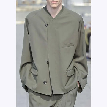 Casual Loose Fit Men Suits 2 Piece Single Breasted Fashion Set Jacket Pants Stand Collar High Street Cocktail Party Male Suit