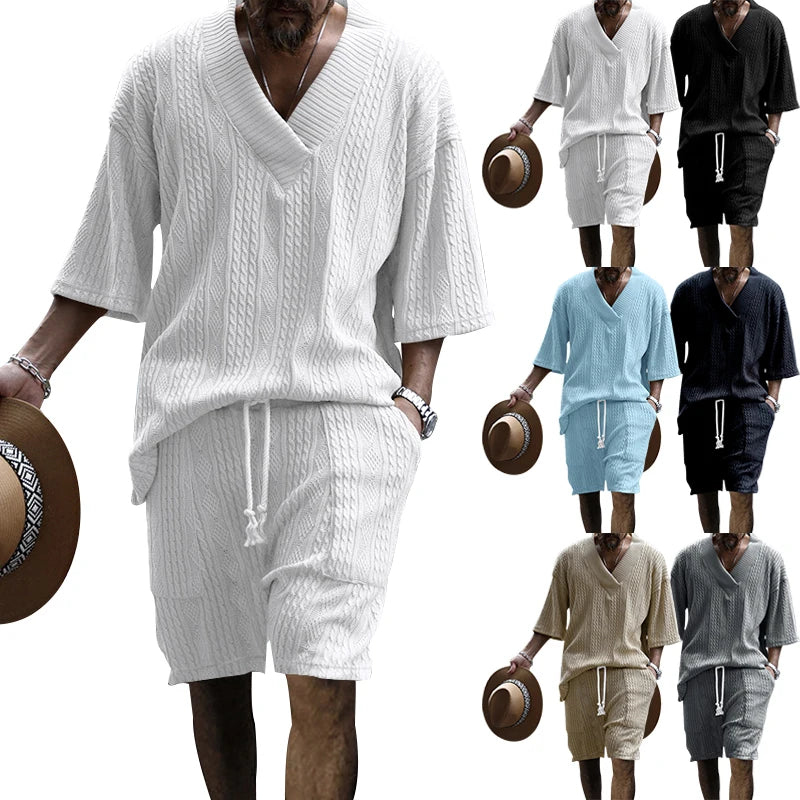 2024 Summer New Men's High Street Casual Loose Jacquard Sportswear V-Neck Short Sleeve Shorts Men's Fashion Suit