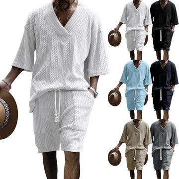 2024 Summer New Men's High Street Casual Loose Jacquard Sportswear V-Neck Short Sleeve Shorts Men's Fashion Suit